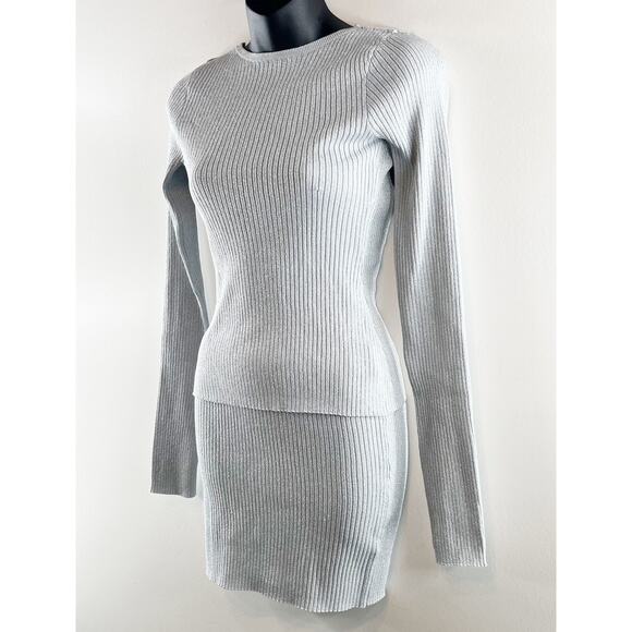 PrettyLittleThing Silver Glitter Knit Open Back Top and Mini Skirt Set S / M - Picture 9 of 12